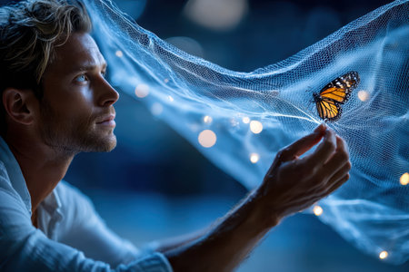 A man gently holds a butterfly near delicate netting while soft lights illuminate the nighttime ambiance.の素材