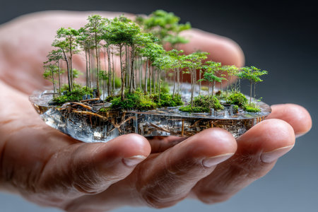A person holds a small, detailed ecosystem featuring trees and plants, showcasing intricate craftsmanship.の素材
