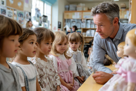 A teacher interacts with a group of young girls as they examine dolls during a creative play session.の素材