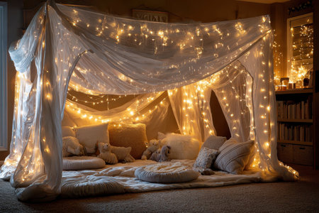Children's indoor fort is beautifully decorated with soft blankets and glowing lights, creating a magical ambiance.の素材