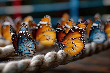 Colorful orange and blue butterflies rest on a thick rope, basking in sunlight among lush greenery.の素材