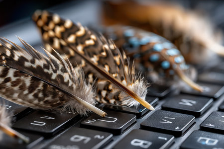Intricately patterned feathers are laid across a black keyboard, adding vibrant detail to the scene.の素材