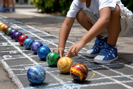 A young child organizes vibrant planet models along a chalk-drawn solar system on a warm day outside.の素材