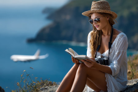 A woman sits on a rocky ledge, absorbed in a book, overlooking a stunning ocean view with a plane in the background.の素材
