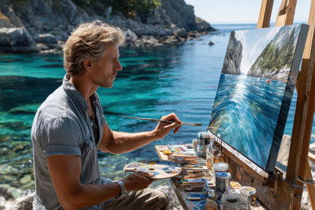 An artist focuses on painting vibrant ocean waves next to a rocky coast under a clear sky.の素材
