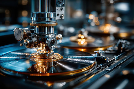 Close-up of a vinyl record player with detailed machinery creating music in a dimly lit environment.の素材