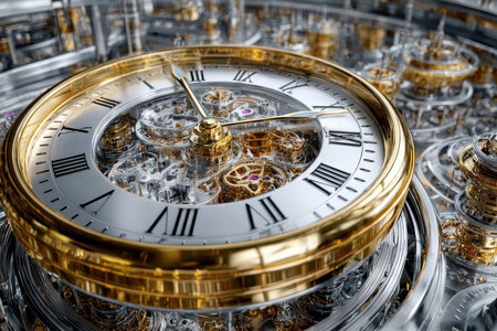 Delicate gears and components of a classic clock capture the artistry of timekeeping, highlighting metallic designs.の素材