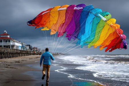 A person walks along the beach holding a vibrant rainbow kite as waves crash nearby.の素材