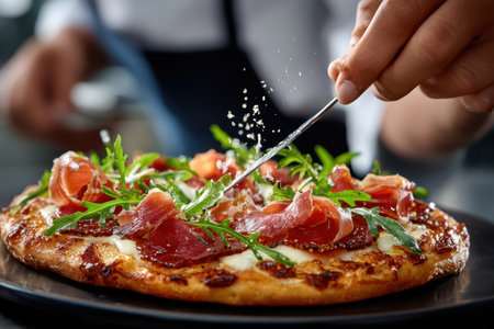 A chef garnishes a freshly baked pizza with prosciutto, arugula, and a sprinkle of cheese in a kitchen.の素材