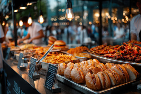 Closeup of various cooked food items on display at an outdoor food stallの素材