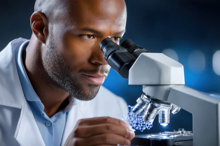 A skilled researcher analyzes samples using a microscope to study intricate details in a lab.の素材