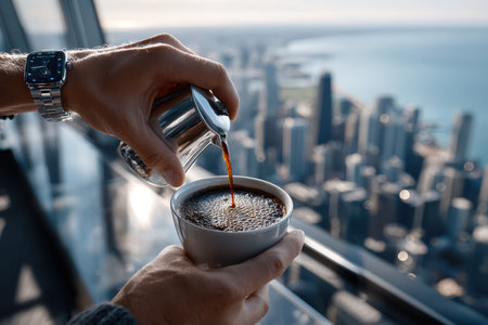 A person pours freshly brewed coffee into a cup while overlooking a bustling city skyline in the morning.の素材