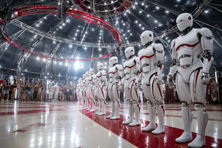 A lineup of white robots with red accents entertain an audience during a futuristic circus event.の素材