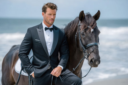 A man wearing a tuxedo stands next to a black horse on a sandy beach under a clear sky.の素材