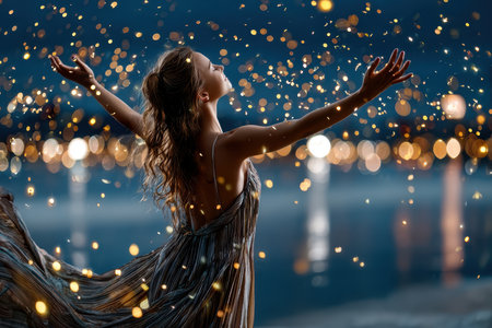 A woman with flowing hair embraces the night, illuminated by sparkling lights by the water.の素材