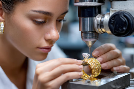 An artisan carefully works on a gold ring adorned with a diamond in a jewelry workshop.の素材