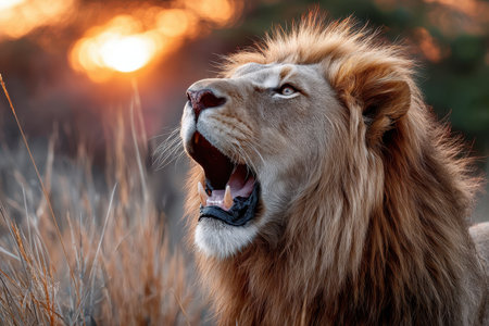 A roaring lion in the wild, at sunset, shot with a telephoto lens, capturing the raw power of natureの素材