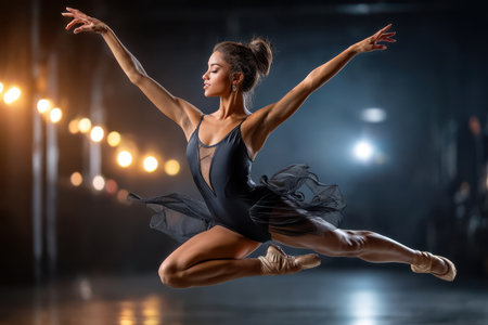 A ballet dancer mid-leap, shot in a dimly lit studio with a fast lens, capturing the grace and intensity of her performanceの素材