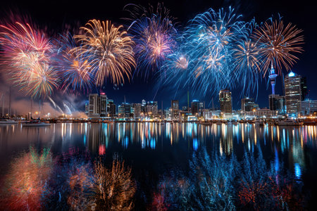 Fireworks explode over a city skyline reflected in dark waterの素材