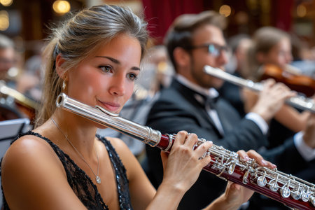 A talented flutist plays passionately in a lavish concert hall while musicians surround her, showcasing artistry.の素材