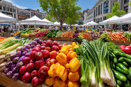 A panoramic view of a bustling farmer's market, captured in the morning light with a wide-angle lens, celebrating community and local produceの素材