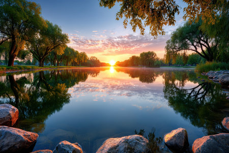 Calm lake reflecting a vibrant sunrise with trees and rocksの素材