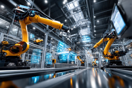 Robotic arms working on an assembly line in a modern factoryの素材