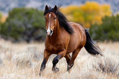 A bay horse gallops through a field of dry grassの素材