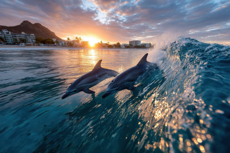 Two dolphins gracefully surf a clear wave towards a sunset beachの素材