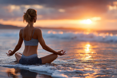 A woman meditates on the beach at sunset, surrounded by calm waves and a colorful sky.の素材