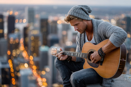 A musician strums an acoustic guitar while seated on a rooftop, surrounded by a stunning city view at dusk.の素材