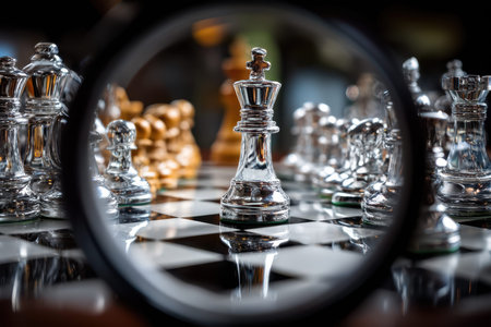 A high-contrast image of a chessboard, shot from a low angle with a fisheye lens, suggesting the strategic complexities of lifeの素材