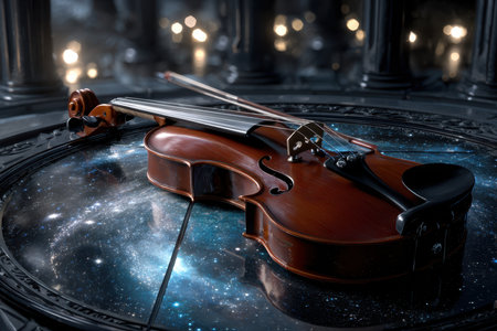 A stunning violin rests against a cosmic backdrop, softly lit to create a magical atmosphere.の素材