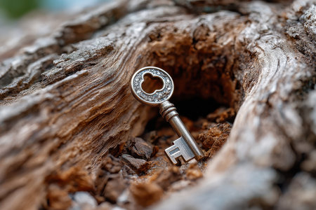 A vintage key rests within a hollow of rough tree bark, surrounded by earthy textures and muted colors, evoking mystery.の素材