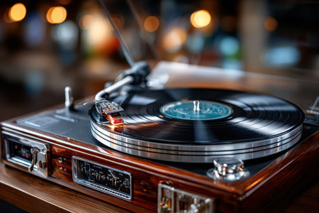 A vintage record player spins a vinyl disc, filling a warm lounge with music as the evening settles in.の素材