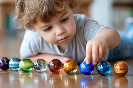 Young child explores a row of vibrant marbles, captivated by their colors and patterns during play.の素材