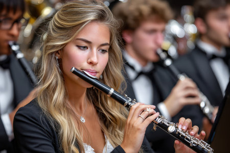 A talented young woman plays the flute passionately while surrounded by other musicians in formal attire.の素材
