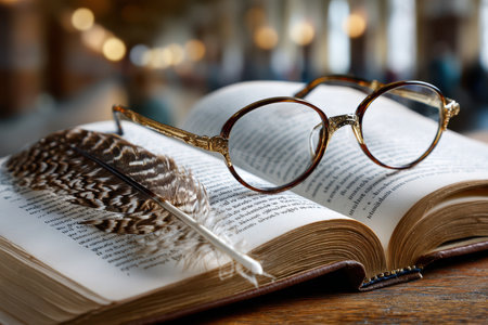 An open antique book with glasses and a quill pen resting on topの素材