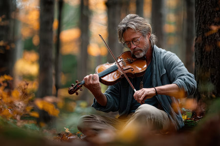 A person plays the violin while sitting on the ground amidst colorful autumn leaves in a serene forest.の素材