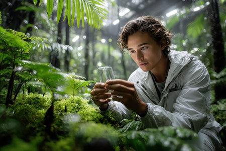 A young man examines a small glass container filled with specimens among vibrant green foliage in the rainforest.の素材