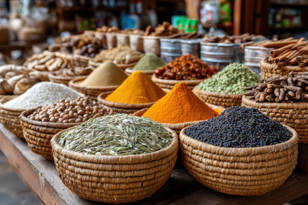 Various colorful spices are neatly arranged in woven baskets on a wooden tableの素材