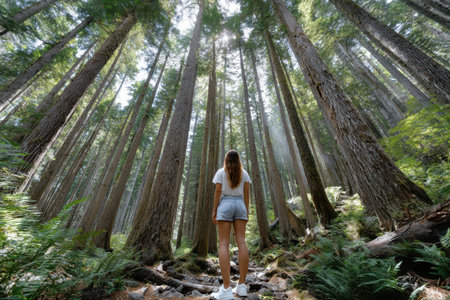 A person admires the towering trees and dappled sunlight in a serene forest setting during daytime.の素材