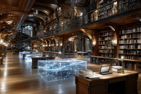 A classic library interior with bookshelves, desks, and futuristic digital displaysの素材