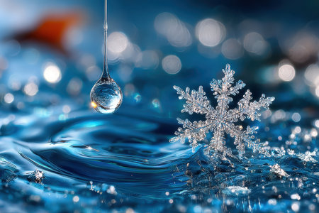 A snowflake rests near a shimmering droplet falling into calm blue water, capturing the essence of winter.の素材