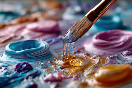 A close-up of a painter's palette, under natural light, captured with a macro lens, celebrating the joy of creativityの素材