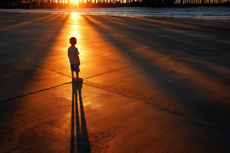 A child stands on the wet sand, gazing at a vibrant sunset, casting long shadows behind.の素材