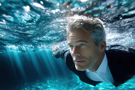A man in a suit swims gracefully through water, creating ripples and capturing light underwater.の素材
