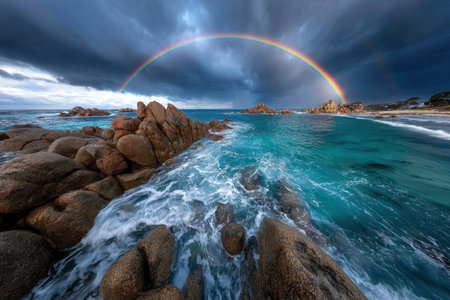 A vibrant rainbow arches over a rocky coastline and turquoise ocean watersの素材