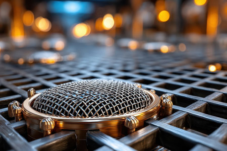 A detailed view showcases a vintage microphone resting on a gridded metallic surface illuminated by warm lights.の素材