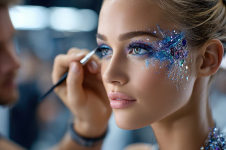 Model receives intricate face makeup with colorful designs in a well-lit beauty studio, showcasing artistry.の素材